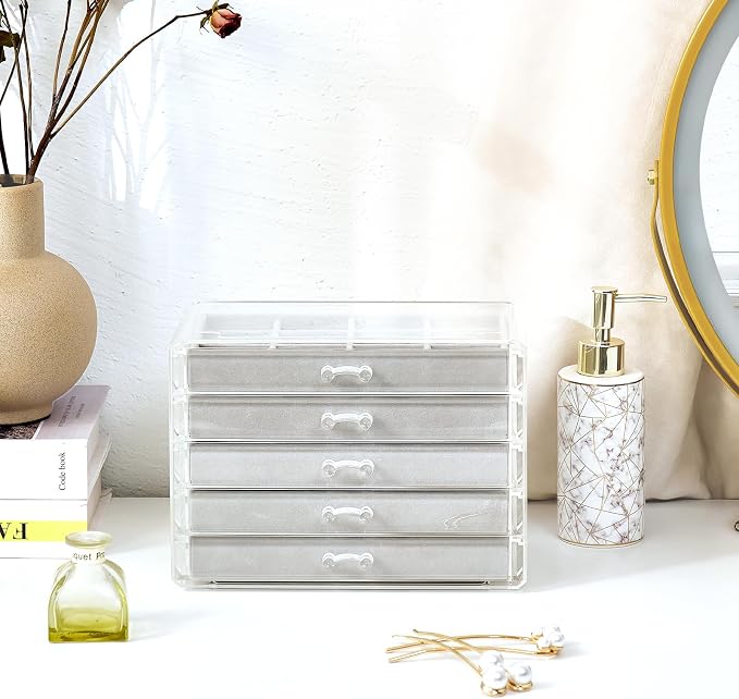 ProCase Earring Holder Organizer Jewelry Box with 5 Drawers, Acrylic Clear Earring Case with Adjustable Velvet Trays for Women - Grey, 5 Layers - Image 6