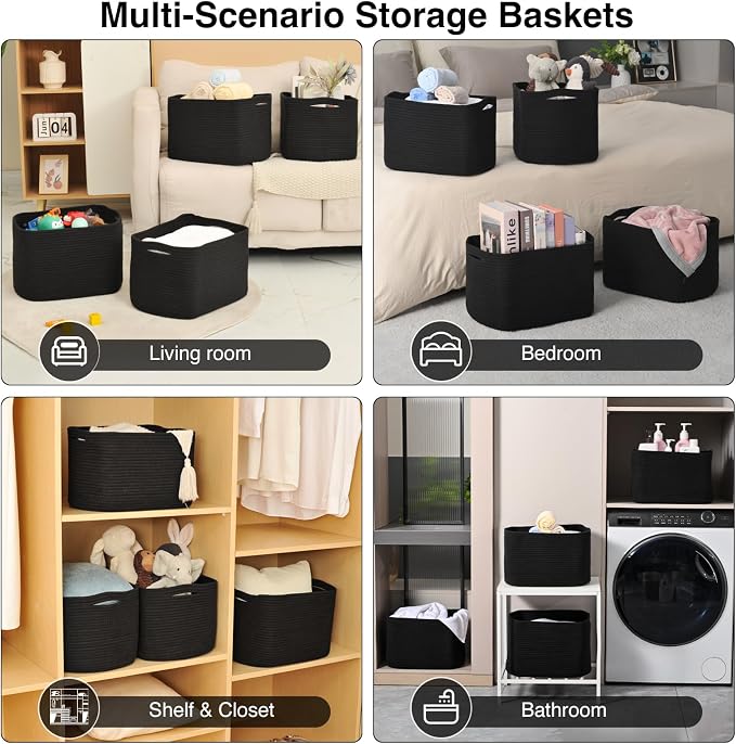 ICERZCZ Storage Baskets for Organizing & Shelves, Woven Cotton Rope Organization Bins for Dog Toys, Clothes, Books, Nursery Organizer, 15" Lx11''Wx9.5''H, (4 Packs) Black - Image 5