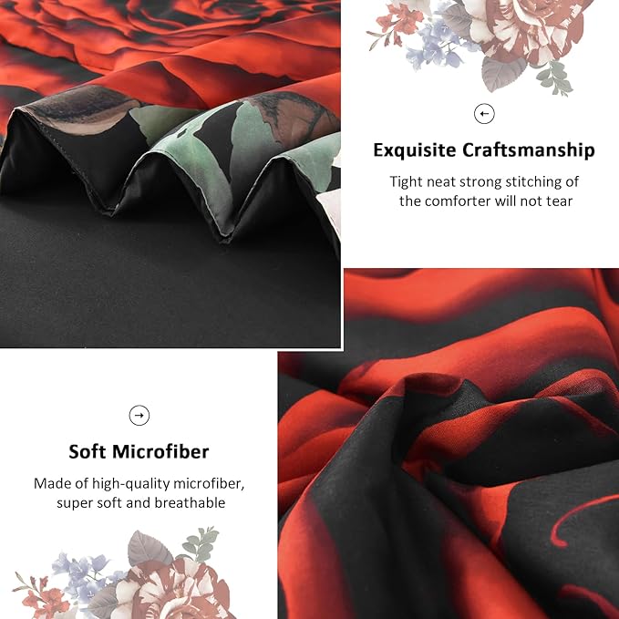 Drucon King Comforter Set - 7 Pieces Floral Black Soft Bedding Sets, King Bed in a Bag with Botanical Red Flowers Comforter, Sheets, Pillowcases & Shams