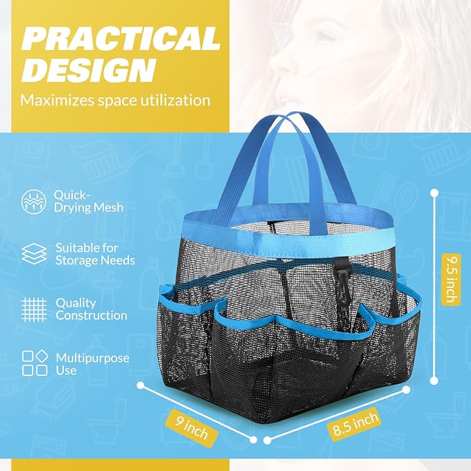 LOYEE Mesh Shower Caddy Portable for College Dorm Room Essentials with 8 Pockets, Shower Bag for Beach, Swimming, Gym, Travel, Bathroom(Blue) - Image 2