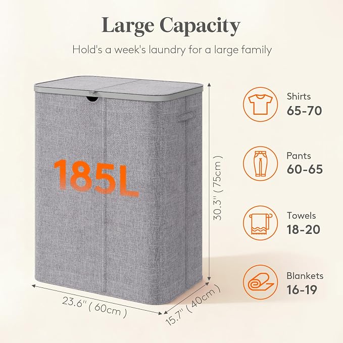 Lifewit 185L Large 3 Section Laundry Hamper with Lid, Plastic Laundry Basket with Bamboo Handles and Removable Bags, Tall Foldable Clothes Hamper for Bathroom Bedroom, Light Gray - Image 2