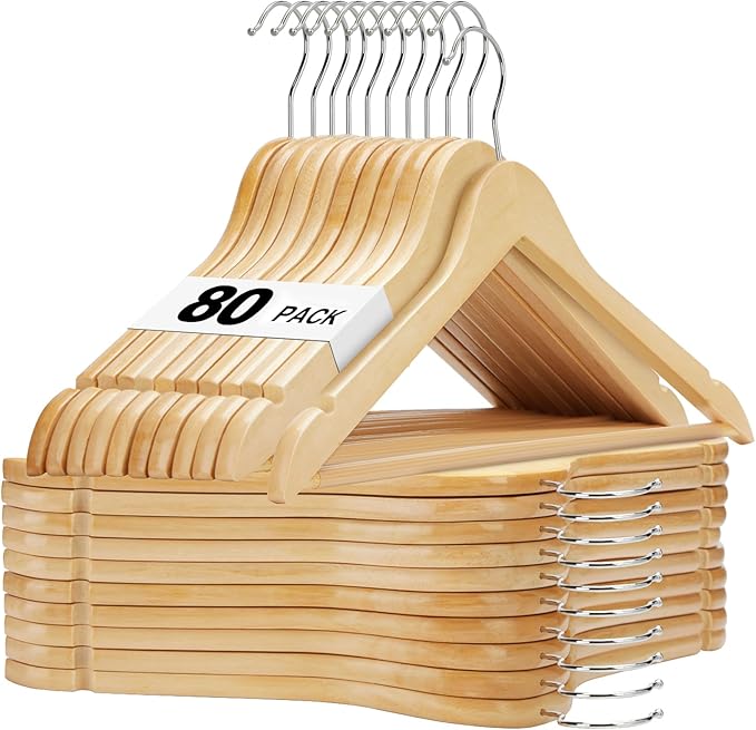 HOUSE DAY Bulk Wooden Hangers 80 Pack, Solid Wood Hanger with Non Slip Pant Bar, Heavy Duty Wooden Coat Hanger for Closet, Smooth Finish Wood Clothes Hangers for Shirts, Suits Jackets, Dress, Natural by HOUSEDAY