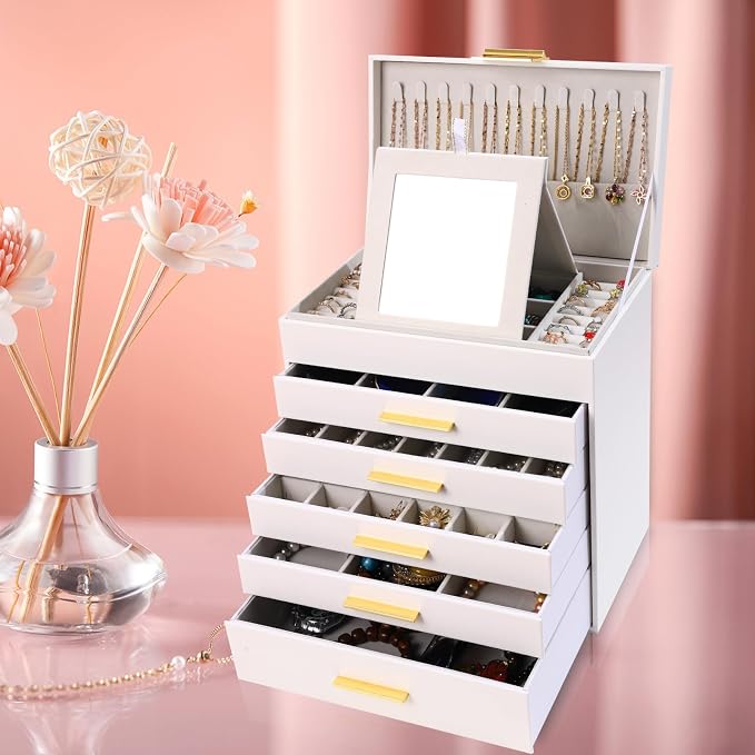 BOOVO Jewelry Boxes for Women, White and Black 6 Layer Large Jewelry Box for Necklace, Bracelet, Earrings, Rings Storage, Jewelry holder Organizer for Girls Gift (White and Gold, 6 layer) - Image 7