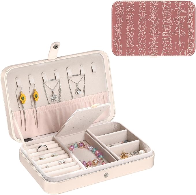 Travel Jewelry Box Personalized Leather Jewelry Case Portable Jewellery Organizer Box Pink Ring Travel Case Earring Bracelet Necklace Organizer Gifts for Birthday Christmas Women Flower lines by Unknown