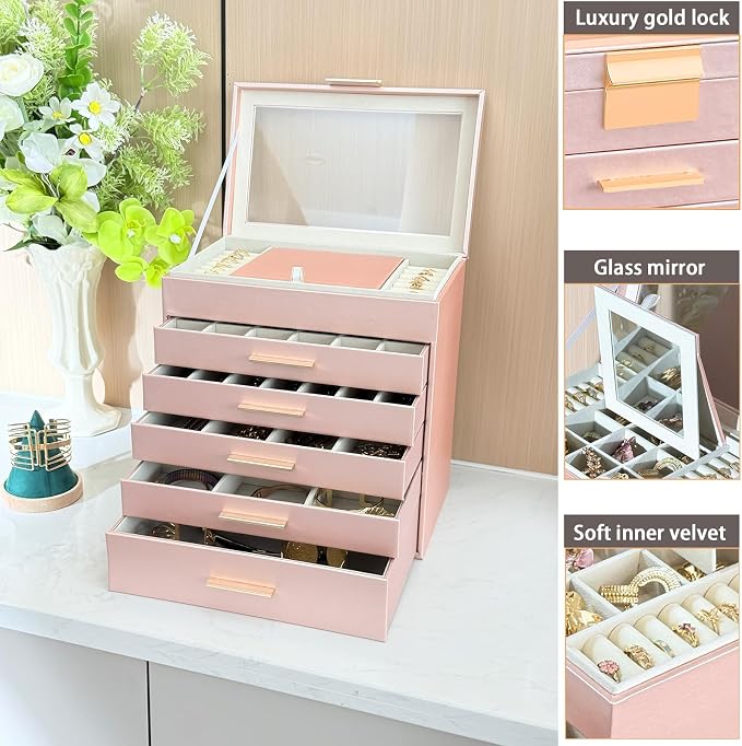 BOOVO Jewelry Boxes for Women, White and Black 6 Layer Large Jewelry Box for Necklace, Bracelet, Earrings, Rings Storage, Jewelry holder Organizer for Girls Gift (Rose gold, 6 layer) - Image 2