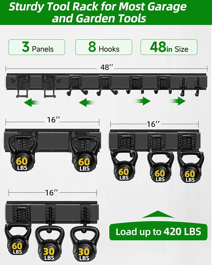 PIYILO Garden Tool Organizer 48 in with 18 Garage Hooks, Heavy Duty Garage Wall Hooks for Hanging Ladder, Bike, Tool Storage Rack for Yard Tools, Shovel, Shed (23 Pack) - Image 4