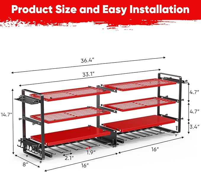 POKIPO Upgrade Large power tool organizer Wall Mount,4 Layers Heavy Duty Metal Loads 400lbs Power Tool Hanger Shelf Battery Storage with 8 Cordless Drill Bit Holder,Utility Racks for Garage Tool Room - Image 2