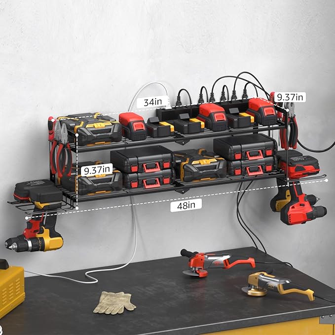 CCCEI Large Garage Tools Storage with Charging Station. Power Tool Battery Organizer Utility Shelf with Power Strip. 4 Drills Holder Wall Mount Rack. - Image 6