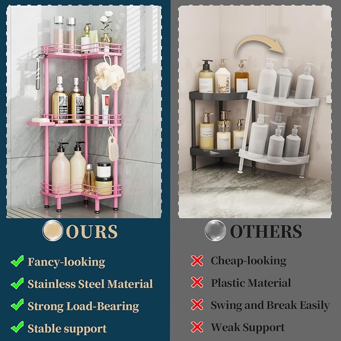 Consumest Corner Shower Caddy Standing - 3-Tier Stainless Steel Shower Organizer with Soap Holder and 4 Hooks, Large Capacity Corner Shelf Stand for Bathroom, Rest Room, Pink - Image 2