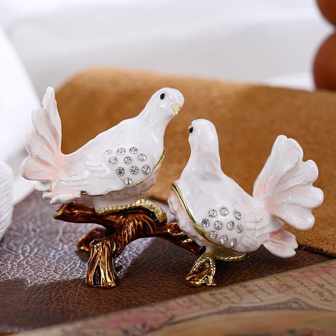 Hand Painted Animal Trinket Box for Home Decor, Hinged Jewelry Organizer Storage, Unique Personalized Collectible Keepsake Figurine Handmade Decorative Ornament Gifts (Dove Couple) - Image 5