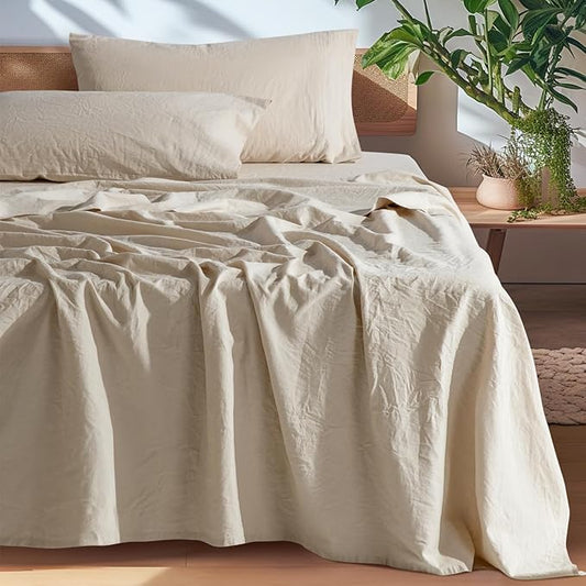 SONORO KATE 100% French Pure Linen Queen Size Sheets, Breathable and Durable Linen Bed Sheets, Anti-Tear, Machine Washable, 16 Inch Deep Pocket - 4 Piece (Natural Linen)