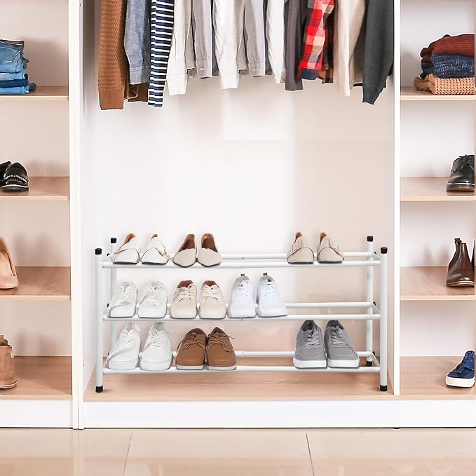 STORAGE MANIAC Expandable Shoe Rack, 12 Pairs Stackable Small Shoe Rack, Metal Adjustable Shoes Organizer for Closet, Entryway, Hallway, Garage, Front Door, Shoes Shelves, White 3 Tier - Image 2
