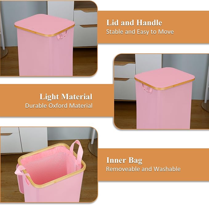 iEGrow Laundry Hamper with Lid, 110L Large Laundry Basket with Handle and Lid, Collapsible Clothes Basket Organizer with Removable Inner Bag for Clothes Toys Towels,Pink - Image 5
