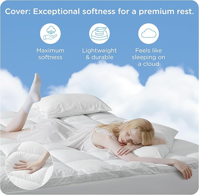 KUB Mattress Topper&Cooling Mattress Protector Bed Fitted Sheet Set, Deep Pocket&4 Elastic Bands, Triple Anti-Slip, Back Pain Relief, Breathable Soft 2 inch Mattress Pad Cover (White, Twin)
