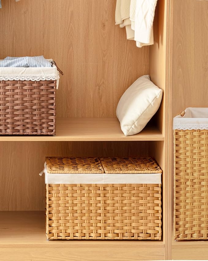 SETVSON Storage Basket with Lid Rattan Woven Storage Baskets with 2 Separate Lids, 17.2 Gallon (65 L), 22 x 13 x 13.8 Inches,Foldable, 2 Removable Liner Bags Handles for Bedroom, Laundry Room Natural - Image 7