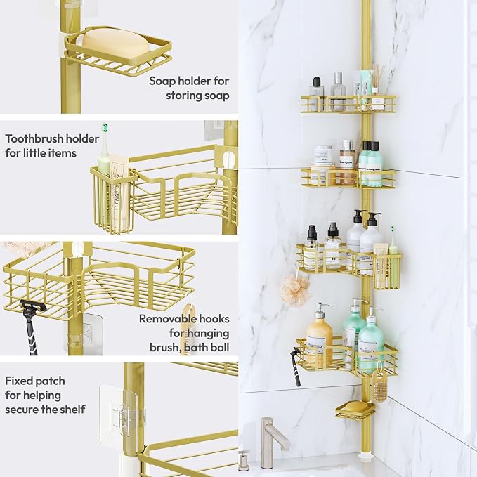 SWTYMIKI Shower Caddy Tension Pole - 4-Tier Corner Shower Organizer Tension Rod with Soap Holder, Toothbrush Holder & 4 Hooks, Adjustable Stainless Steel Bathroom Organizer 27.6 to 108.3 inch, Gold - Image 4
