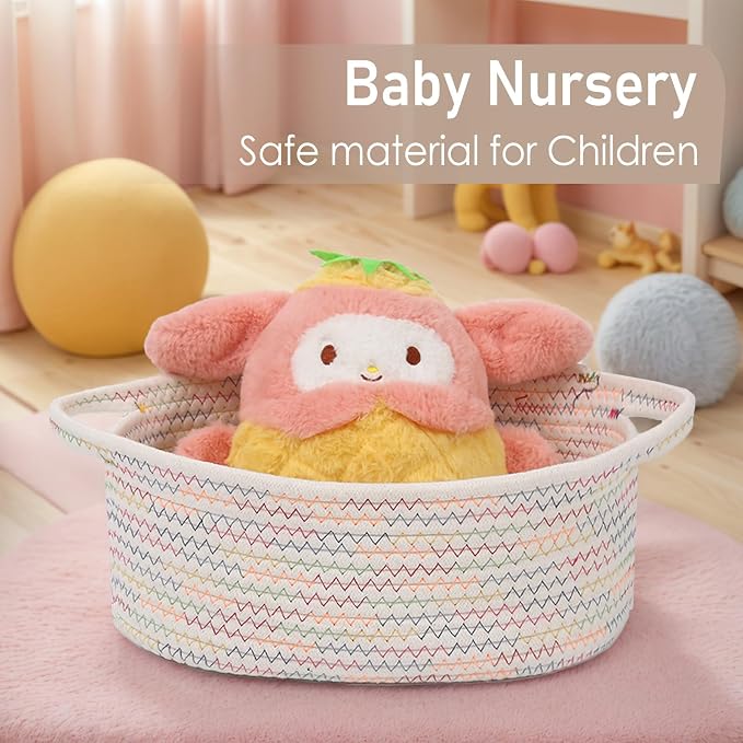 JMvicyroam Woven Basket,Small Rope Storage Bin with Handles & Ribbon Bag, Organizer for Shelves Closets,Gift Basket Empty for Birthday,Books,Dog Toys, Colorful - Image 5