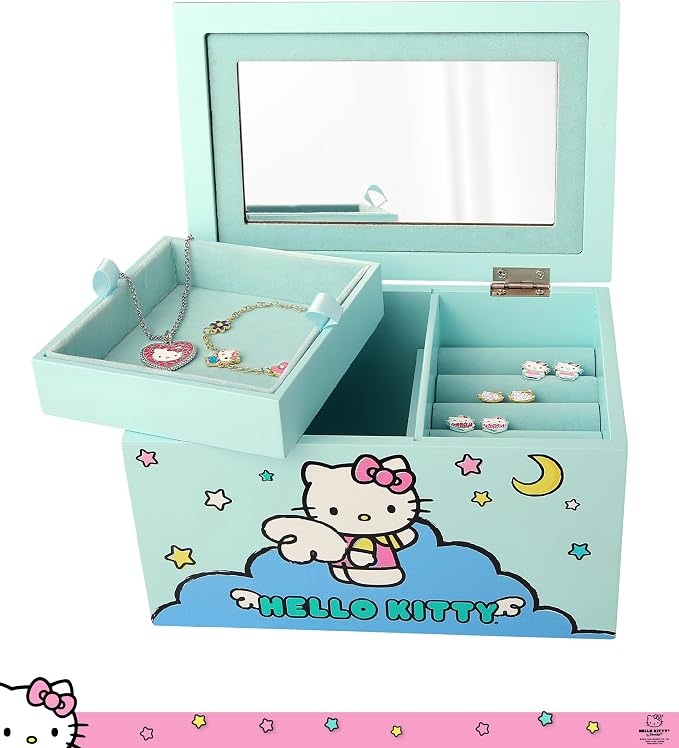Hello Kitty Jewelry Box with Tray and Storage Official License, Blue Jewelry Box, Wood Jewelry Organizer, Sanrio Gifts (Blue) - Image 2