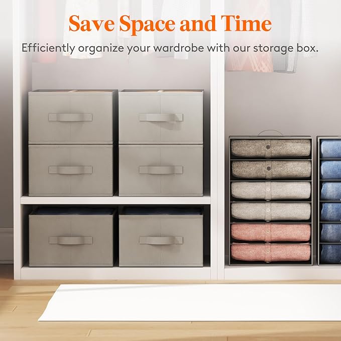 Lifewit 3 Pack Clothes Organizer, 6 Grids Closet Jean Storage Bins with Handles and Support Boards, Foldable Drawer Organizer for Sweater, Pants, T-shirt, Dress, Grey, 42 x 27 x 17 cm/16x10x7'' - Image 3