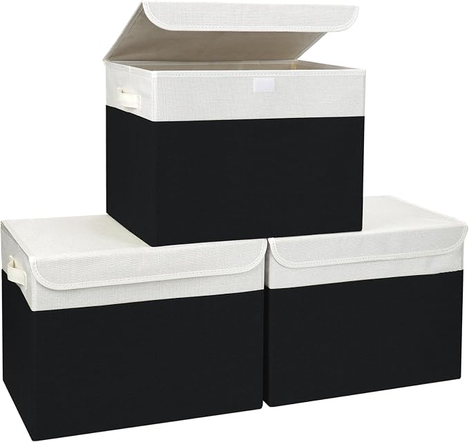 Large 17" 42 Quarts Collapsible Stackable Storage Bins with Lids [3-Pack] Foldable Fabric Linen Storage Boxes Cube, Closet Organizer Baskets with Label for Home (16.7 x 12 x 12", Black & White) by Bagnizer