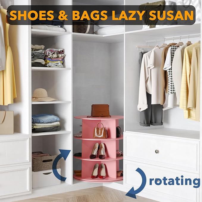 SpaceAid 3 Tier Rotating Shoe Rack Tower, Spinning Shoe Display Lazy Susan, Revolving 360 Shoe Rack Storage Round Carousel, Vertical Handbag Rotate Shoes Closet Organization (3-Tier Pink) - Image 4