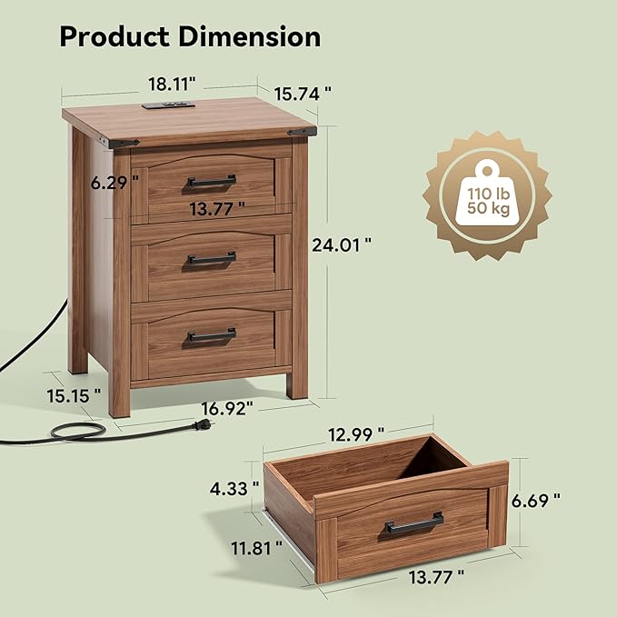 Decofy Farmhouse Nightstand with Charging Station, 18'' Wide Rustic End Table with USB/Type-C Ports, 3 Drawers, Wood Bedside Table for Bedroom, Walnut