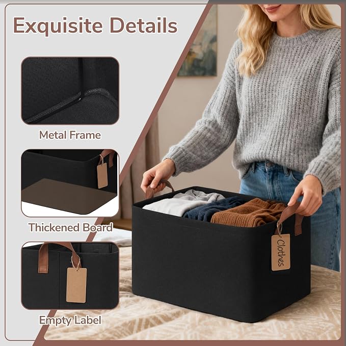 CHICVITA 4 Pack Large Storage Baskets for Shelves, Collapsible Shelf Baskets for Organizing, Fabric Closet Organizers and Storage Bins with Metal Frame, 16.8" x 11" x 9.8", Black - Image 5