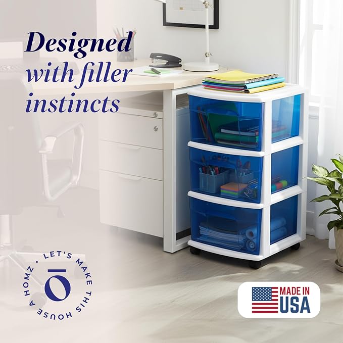 HOMZ Drawer Tower, 3-Tier Clear Blue Plastic Storage Organizer Cart, White Frame - Rolling Drawer Containers with Wheels for Bathroom, Bedroom, Office, and Classroom Organization - Image 3