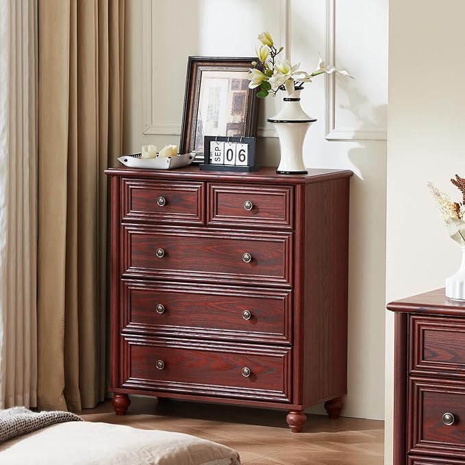 RWYHG Farmhouse 5 Drawer Dresser for Bedroom, 35.5" Tall Small Dressers & Chest of Drawers, Rustic Wood Dresser with Roman Column, Storage Organizer for Living Room, Hallway, Closet (Red Oak)