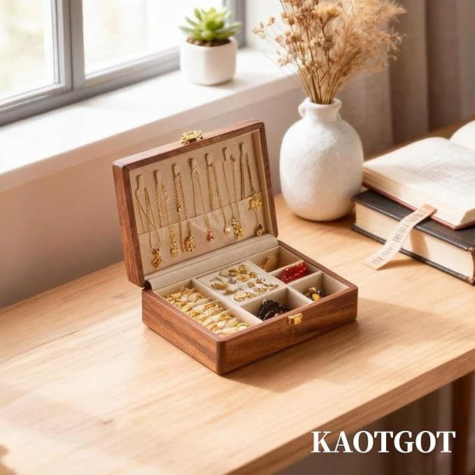 Travel Jewelry Case Small Wood Jewelry Organizer Jewelry Box for Women (Nut-Brown Print C) - Image 7