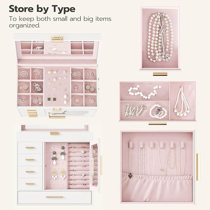 HOOBRO Jewelry Box with Mirror, Jewelry Organizer Box with Capacious Storage Space, Vertical Storage, Glass Cover, Modern Style, White and Light Gold WT06JB04G1 - Image 4