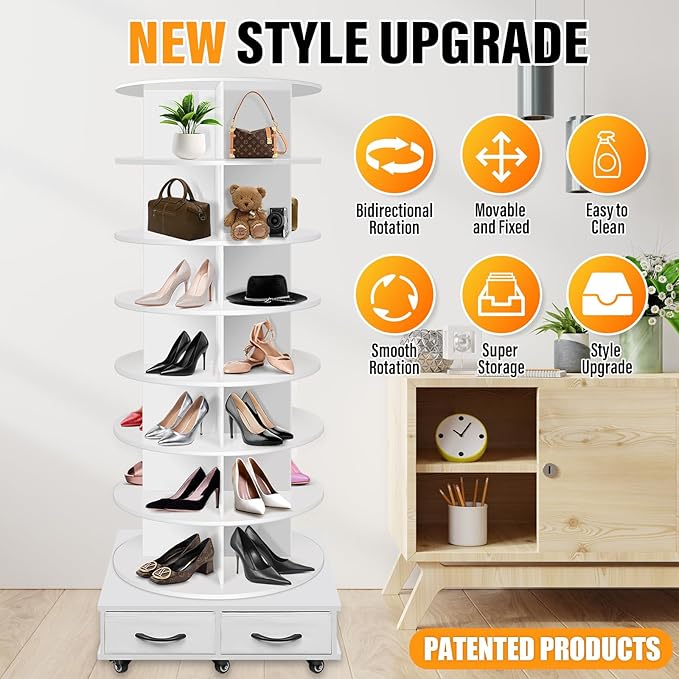 8 Tier Rotating Shoe Rack Tower contains 2 drawers, Spinning Shoe Rack Display Lazy Susan, Revolving 360 Shoe Racks Storage Round Carousel, Equipped with 5 Universal Wheels with Brake Function - Image 3