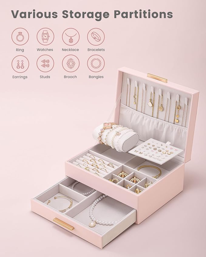 Lolalet 2-Layer Jewelry Box Organizer for Women Girls, Jewelry Storage Case Holder with Drawers for Necklaces Ring Earrings Bracelet Watch, Gifts Choice for Mom Mother’s Day -Pink - Image 4