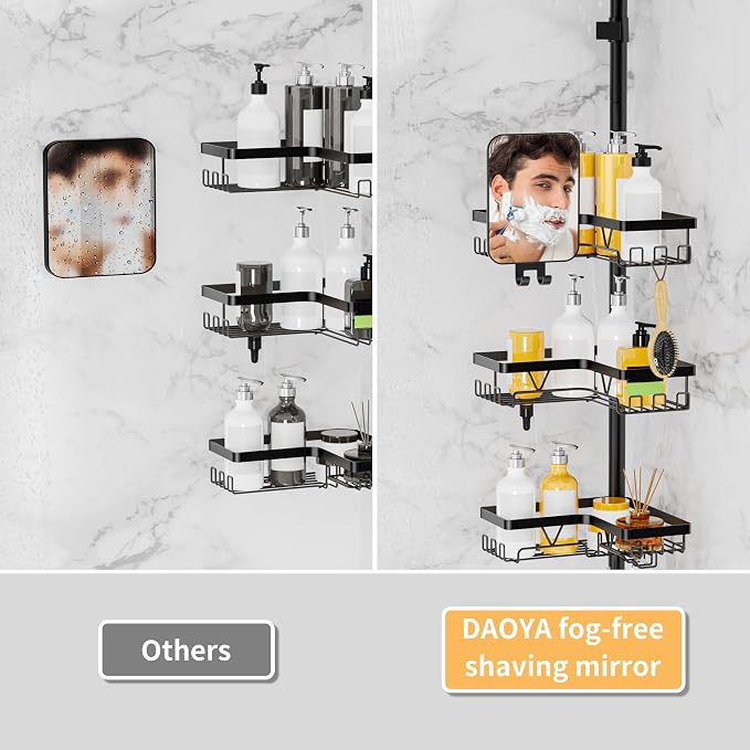 DAOYA Shower Caddy Tension Pole with Anti-Fog Shaving Mirror, Tension Rod Shower Caddy Corner for Bathroom Organizer, Black - Image 7