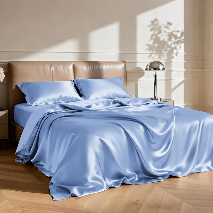 Love's cabin Twin XL Satin Sheet Sets - 3 Piece Sky Blue Silky Bed Sheets with Deep Pockets, Luxury Silk Feel Satin Sheet Set Twin XL (1 Flat Sheet,1 Fitted Sheet,1 Pillow case)