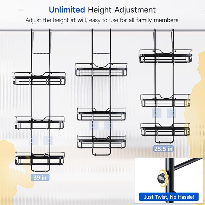 Skyapex Shower Caddy Over the Door Organizer: Bath Rack Hanging Over Glass with Hooks - Storage Shelf Inside Bathroom for Shampoo - Matte Black - Image 3