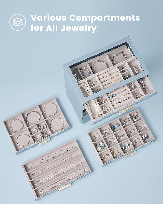 Lolalet Jewelry Box Organizer, 8-Layer Jewelry Organizers and Storage Case with Glass Lid, Ring Earring Bracelet Necklace Holder Organizer, Birthday Valentine Gifts for Women Girls -8Layer, HazeBlue - Image 3