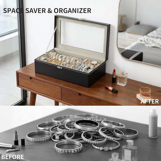 AUTOARK Bracelet & Watch Storage Box with Glass Lid & 2 Anti-Roll Rods,PU Leather Jewelry Case,Soft Lined Locking Organizer for Women,Gift for Dresser & Cabinet Display,Black,MKAW147 - Image 6