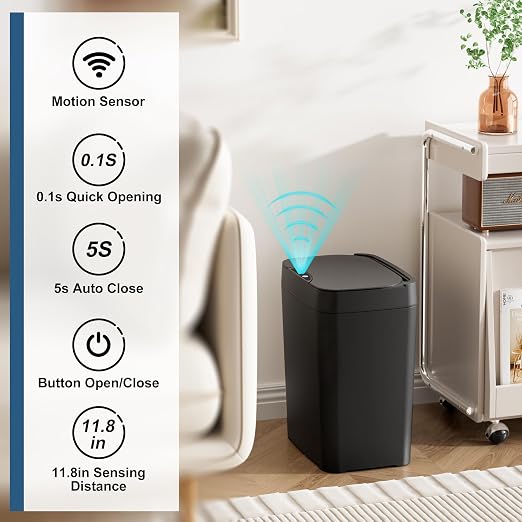 Vanpopubs 2 Pack 2.7 Gal Bathroom Trash Can with Lid, Automatic Trash Can Small Smart Garbage Can Touchless, Slim Motion Sensor Waterproof Plastic Trash Bins for Bedroom Office Kitchen Toilet Black - Image 3