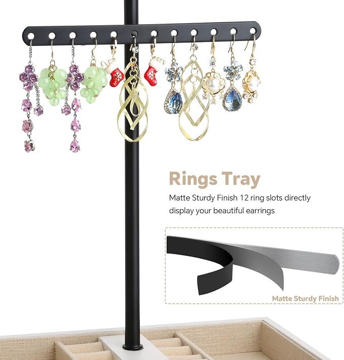Meangood Jewelry Organizer Stand, 3-Tier Necklace Holder Jewelry Tree with Wooden Storage Drawer Box for Necklace Bracelet Earring Ring,White - Image 4