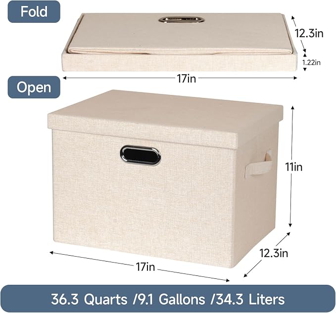 Graciadeco Large 17" 36 Quart Collapsible Stackable Storage Bins with Lids, 3 Packs Light Orange Linen Fabric Closet Boxes with Lids, Storage Cube Baskets Container Organizers for Office (17x12x11) - Image 2