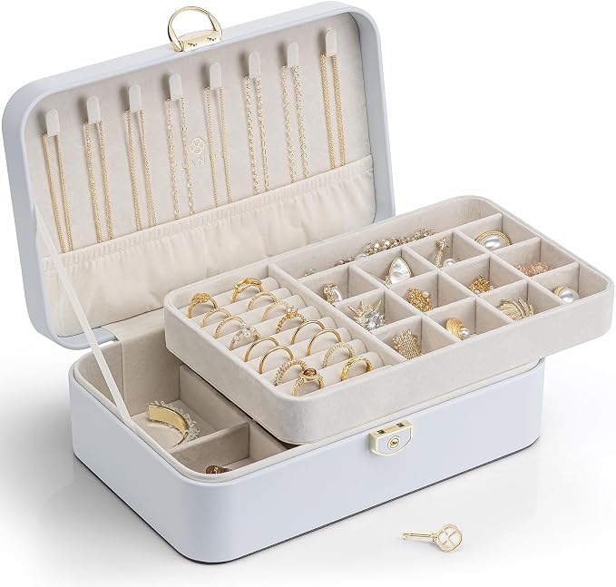 Vlando Jewelry Box Organizer for Women Girl,Lockable Jewelry Case Boxes with 2 Layers,Earrings Necklace,Rings Storage,Gift Box Packaging,Wedding Birthday Gifts Ideas Blue by VLANDO