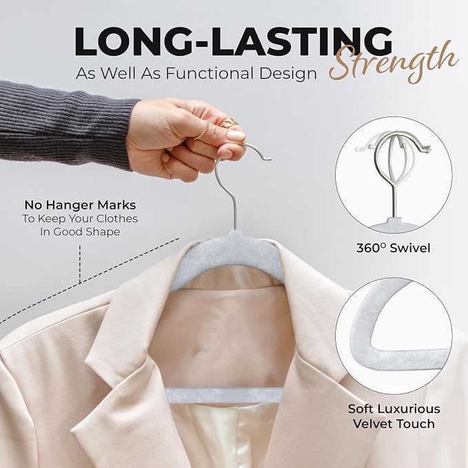 Our Modern Space 200 Pack Velvet Hanger for Shirt Pants Dresses Skirts Suits Jackets - Slim Space Saving Design - Standard Coat Hanger - Sturdy & Durable Design with Shoulder Grooves Hook - Image 4