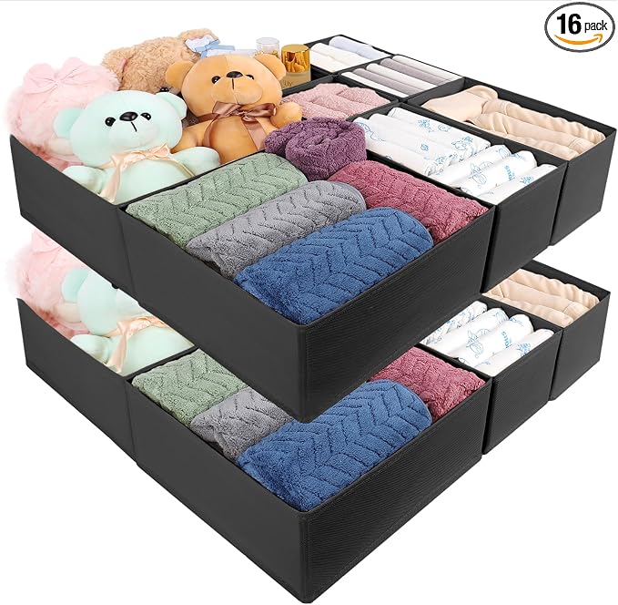 Drawer Organizer Clothes, 16 Pack Dresser Organizer Bins, Foldable Closet Organizers and Storage Fabric Dresser Bins, Shallow Drawer Dividers for Clothing, Underwears, Socks, Tie by Unknown