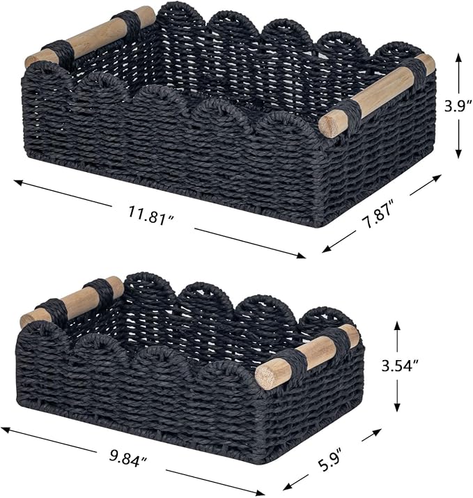 CubesLand Scalloped Edge Decor Baskets for Home, Living Room, Toilet Paper Storage Basket for Over Toilet Shelf, End Table,Shelves and More, Small Paper Rope Baskets Both Storage&Decor, Set 2 Black - Image 6
