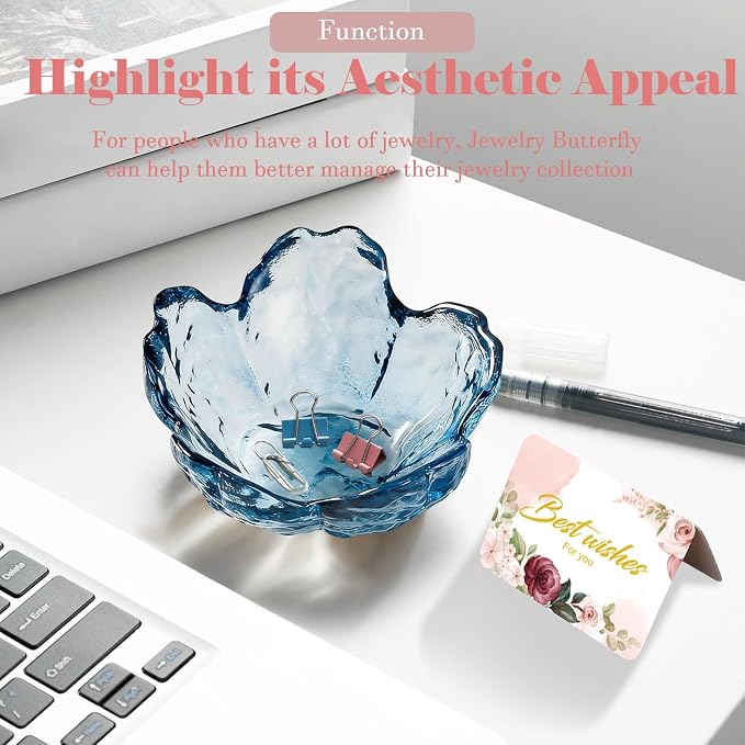 Binoster Blue Flower Glass Ring Dish Jewelry Tray Ring Holder Dish Cute Room Decor Vanity Organizer for Nightstand or Bathroom Aesthetic Trinket Dish Gift for Wife Mom Daughter - Image 5