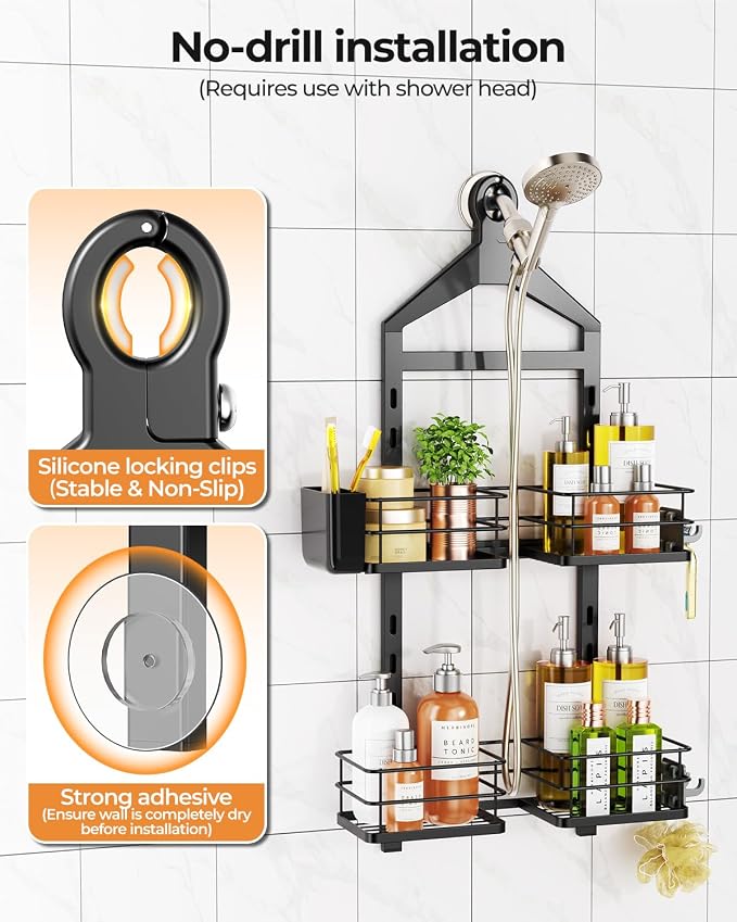 ODesign 2 Tier Height-Adjustable Shower Caddy Hanging Anti-Swing-Over The Shower Head Caddy Storage Organizer Bathroom Shelves Basket-Black - Image 8
