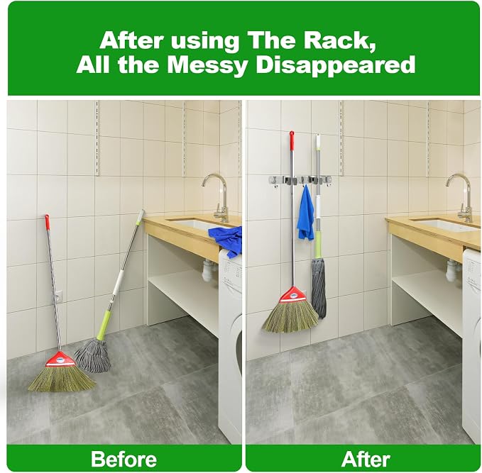 voze 2 Racks and 3 Hooks Mop and Broom Holder Wall Mount, Self Adhesive Heavy Duty Broom Organizer Storage Tool Racks for Kitchen Garden Laundry Garage - Image 3