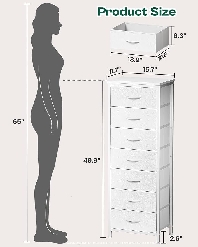 Huuger Tall Dresser for Bedroom, 7 Drawer Dresser & Chests of Drawers, Fabric Drawer for Closet, Bedroom, Night Stand, Metal Frame, Storage Tower with Fabric Bins, White - Image 2