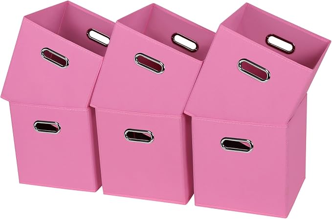 Black Fabric Cubby Storage Bins,13x13x13 Inches ,Cube Organizer Bin Foldable Storage Boxes with Dual Handles Fabric Organizer Box and collapsible Storage basket,Set of 6,Pink by Yunkeeper